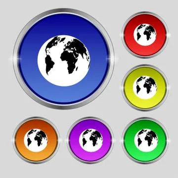 Globe sign icon. World map geography symbol. Set colourful buttons. Vector Illustrazione stock