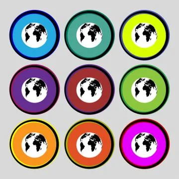 Globe sign icon. World map geography symbol. Set colourful buttons. Vector Illustrazione stock