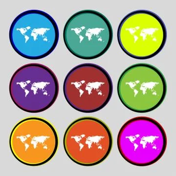 Globe sign icon. World map geography symbol. Set colourful buttons. Vector Stock Illustration