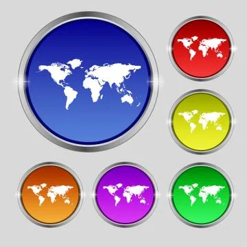 Globe sign icon. World map geography symbol. Set colourful buttons. Vector Stock Illustration