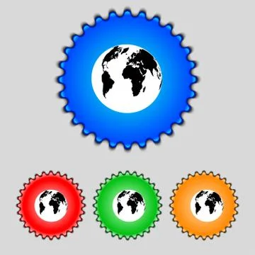 Globe sign icon. World map geography symbol. Set colourful buttons. Vector Stock Illustration