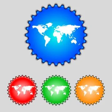 Globe sign icon. World map geography symbol. Set colourful buttons. Vector Illustrazione stock
