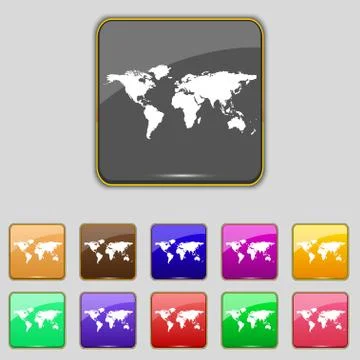 Globe sign icon. World map geography symbol. Set colourful buttons. Vector Illustrazione stock