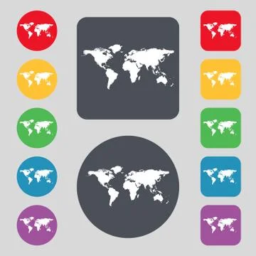 Globe sign icon. World map geography symbol. Set colourful buttons. Vector Illustrazione stock