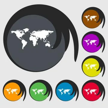 Globe sign icon. World map geography symbol. Symbols on eight colored buttons Stock Illustration