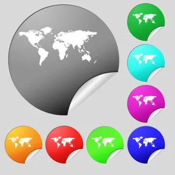 Globe sign icon. World map geography symbol. Set of eight multi colored round bu Stock Illustration