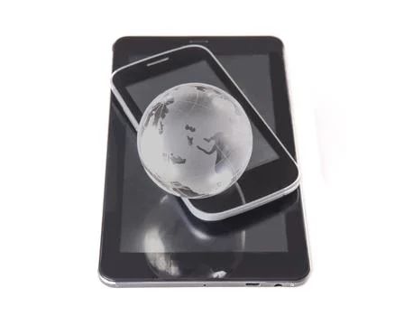 Globe, smartphone, tablet isolated on white Stock Photos