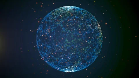 Globe in space with plexus surface and orange bokeh particles quickly rotating Stock Footage 123086955