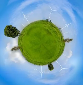 Globe sphre effect Electrical Eco power maker wind turbine in fresh green fie Stock Photos