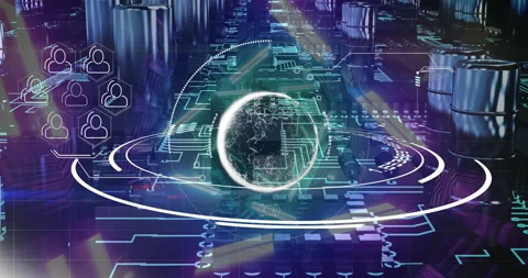Globe spinning over microprocessor connections against glowing tunnel Stock Footage 139897607