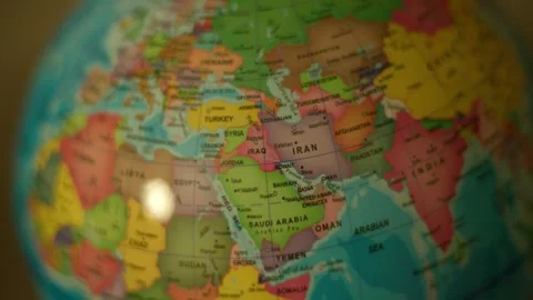 Globe spins slowly, highlighting Iran and surrounding nations Stock Footage 341829663