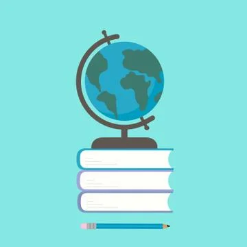 Globe on a stack of books and pencil on mint green background. Flat vector il Illustrazione stock
