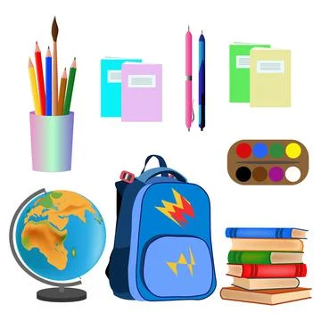 Globe, stack of books, bag, notebook, pencils, pens Stock Illustration