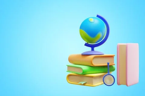 Globe on stack of books isolated on blue background Illustrazione stock