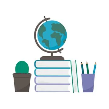 Globe on a stack of books, pencils and cactus on isolated on white. Back to s Stock Illustration