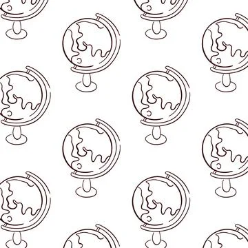 Globe on stand for desk seamless pattern in line art style. Hand drawn Stock Illustration