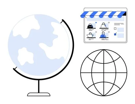 Globe on stand, grid globe icon, and online storefront with products. Ideal f イラスト素材