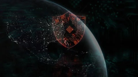 On globe start, shield appearing, pulsing with globe rotating, emerging circuits Stock Footage 312639693