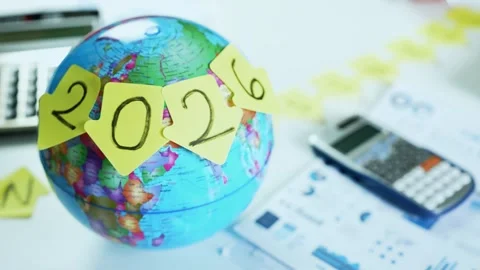 Globe with sticky notes displaying the year 2026, symbolizing global planni.. Stock Footage 321223923