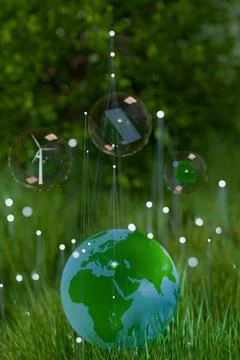 A globe surrounded by bubbles representing renewable energy Illustrazione stock