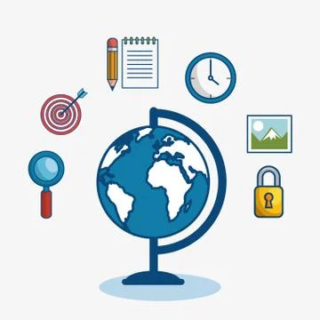 Globe surrounded by objects icon 스톡 일러스트