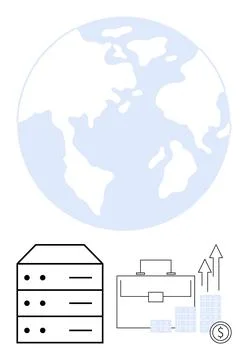 Globe symbolizing global reach, stack of servers for data management, briefca Stock Illustration