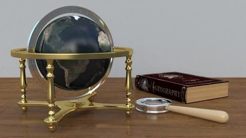 The globe on the table with a book and a magnifying glass Illustrazione stock