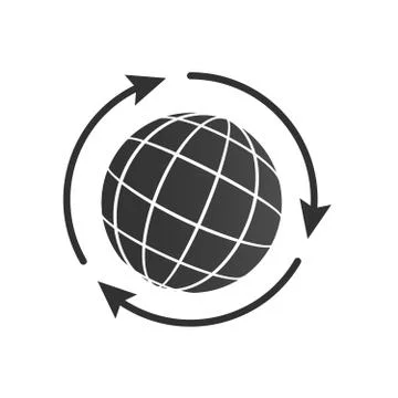 Globe with three arrows around icon for web and mobile, modern minimalistic flat Stock Illustration