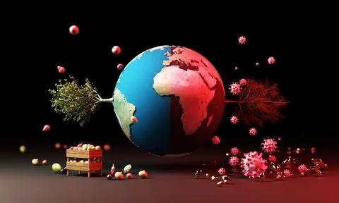 Globe with tree and fruit and coronavirus in warning concept 3d rendering Stock Illustration