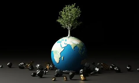 Globe with tree and marble stone and gold 3d rendering Stock Illustration