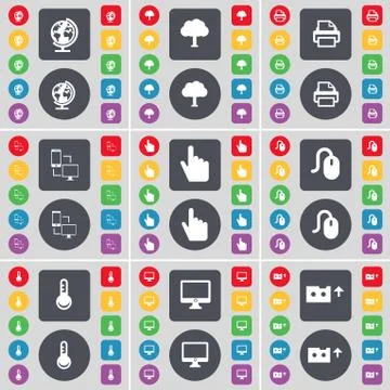 Globe, Tree, Printer, Connection, Hand, Mouse, Thermometer, Moni icon symbol. A Stock Illustration