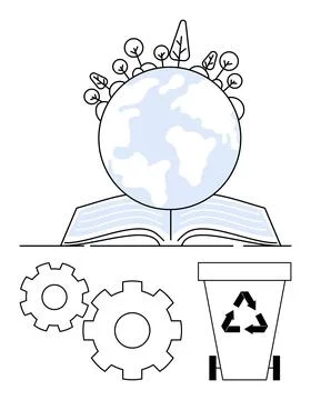 Globe with Trees on Open Book, Gears, and Recycling Bin Highlighting Sustai.. Stock Illustration