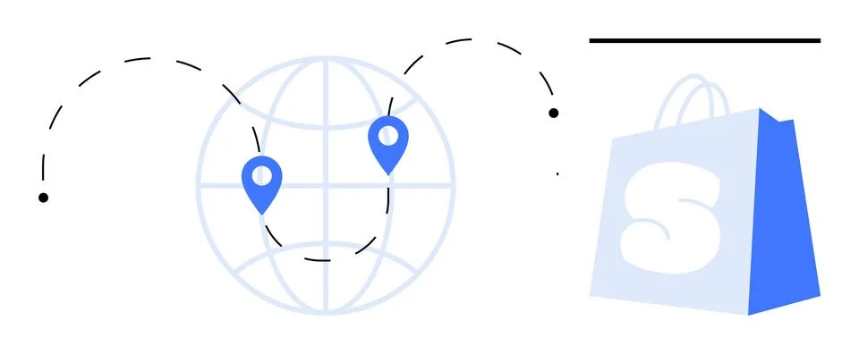 A globe with two location pins connected by dotted lines, paired with a blue  Stock Illustration
