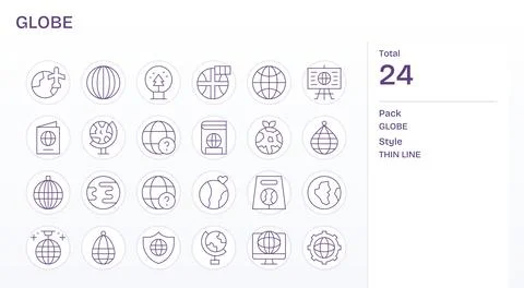 Globe Vector Icon Collection featuring 24 Pixel Optimized 128x128 Thin Line.. Stock Illustration