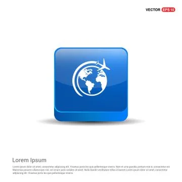 Globe vector icon with plane - 3d Blue Button Stock Illustration