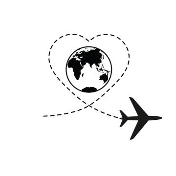 Globe vector icon with plane Airplane path. Plane  travel route. heart path v Stock Illustration
