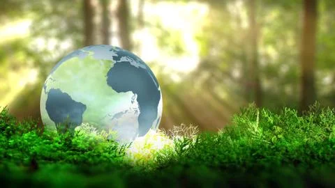 Globe on vegetation in forest. Ecological concept. 3D rendering. Illustrazione stock