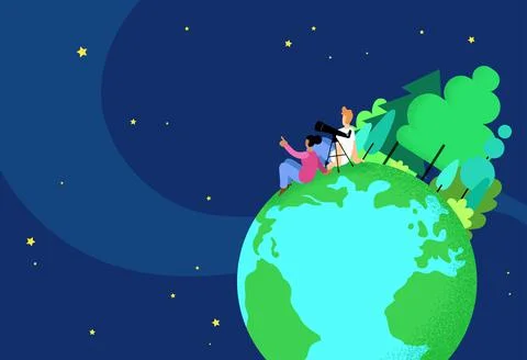 Globe viewed from space with couple looking at stars Stock Illustration