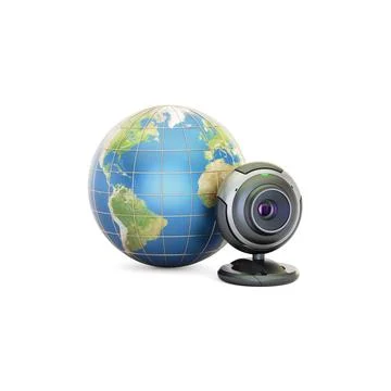 Globe with a webcam on a white background, symbolizing global connectivity Stock Illustration