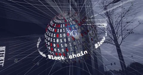 Globe of white and red binary digits with blue 5G label floating before facade Stock Photos