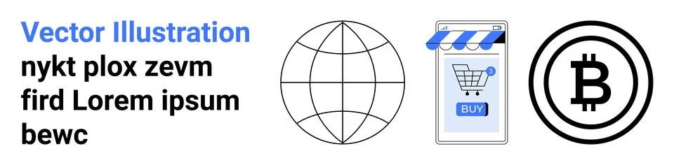 Globe wireframe, digital storefront with shopping cart symbol, and Bitcoin cr Stock Illustration