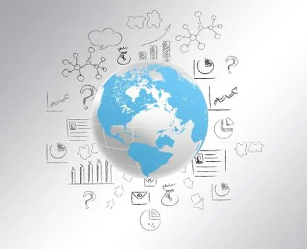 Globe with world map and draw a pencil icon Illustrazione stock