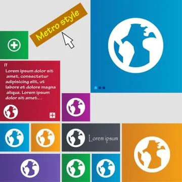 Globe, World map geography icon sign. Metro style buttons. Modern interface w Illustrazione stock