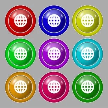 Globe, World map geography icon sign. symbol on nine round colourful buttons. Stock Illustration