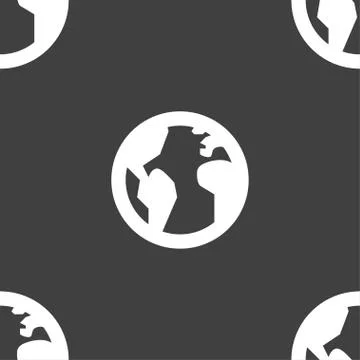 Globe, World map geography icon sign. Seamless pattern on a gray background.  Ilustración de archivo