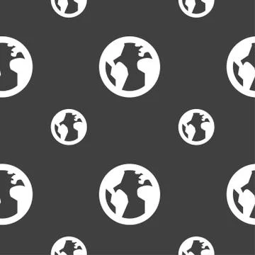Globe, World map geography icon sign. Seamless pattern on a gray background.  Ilustración de archivo