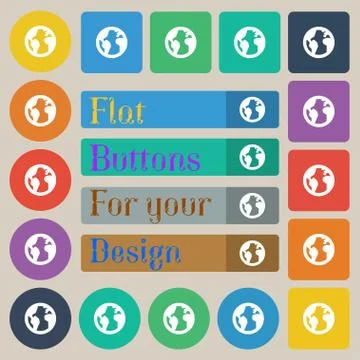 Globe, World map geography icon sign. Set of twenty colored flat, round, square Stock Illustration