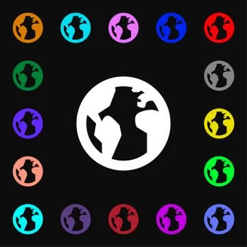 Globe, World map geography icon sign. Lots of colorful symbols for your design. Stock Illustration