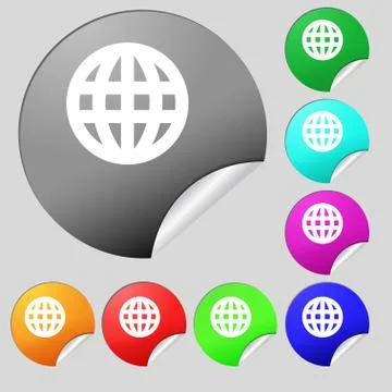Globe, World map geography icon sign. Set of eight multi-colored round buttons, Stock Illustration