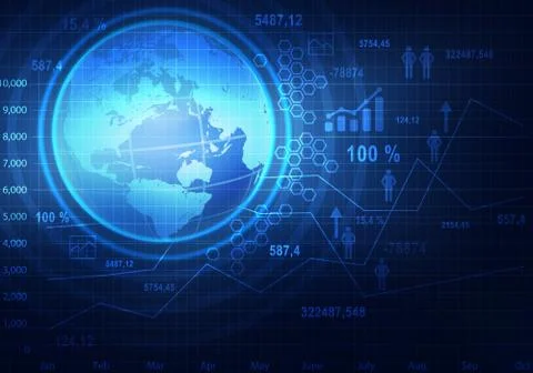 Globe with world map icons and charts Illustrazione stock